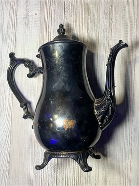 Vintage Silver Metal Tea Pot with Ornate Handle, Feet, Spout